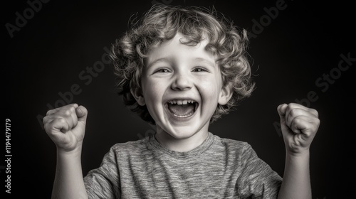 Joyful Expression of a Young Boy with Curly Hair Celebrating in Black and White