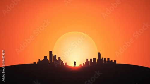 A desolate, post apocalyptic cityscape with a single, flickering neon portal standing as a beacon of hope. A lone survivor approaches the portal, silhouetted against the orange tinted sky. photo