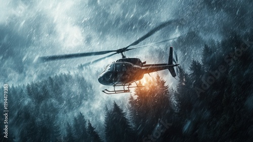 A dual-rotor helicopter soaring above a forest during a storm, heavy rain bouncing off its body and turbulent winds shaking the trees below