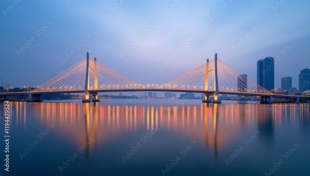 Illuminated Cable Stay Bridge Spanning City River at Dusk Illuminated Cable Stay Bridge Spanning City River at Dusk