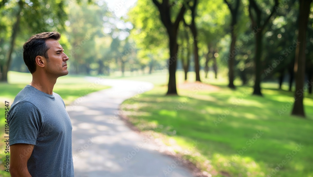 Thoughtful man enjoying nature in a lush green park during a sunny day. Thoughtful man enjoying nature in a lush green park during a sunny day.