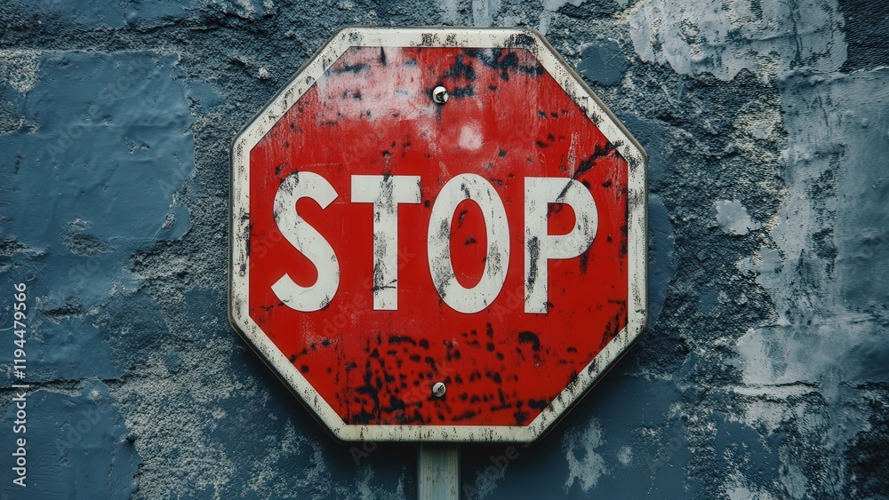 Close-up of a weathered stop sign against a textured wall Close-up of a weathered stop sign against a textured wall