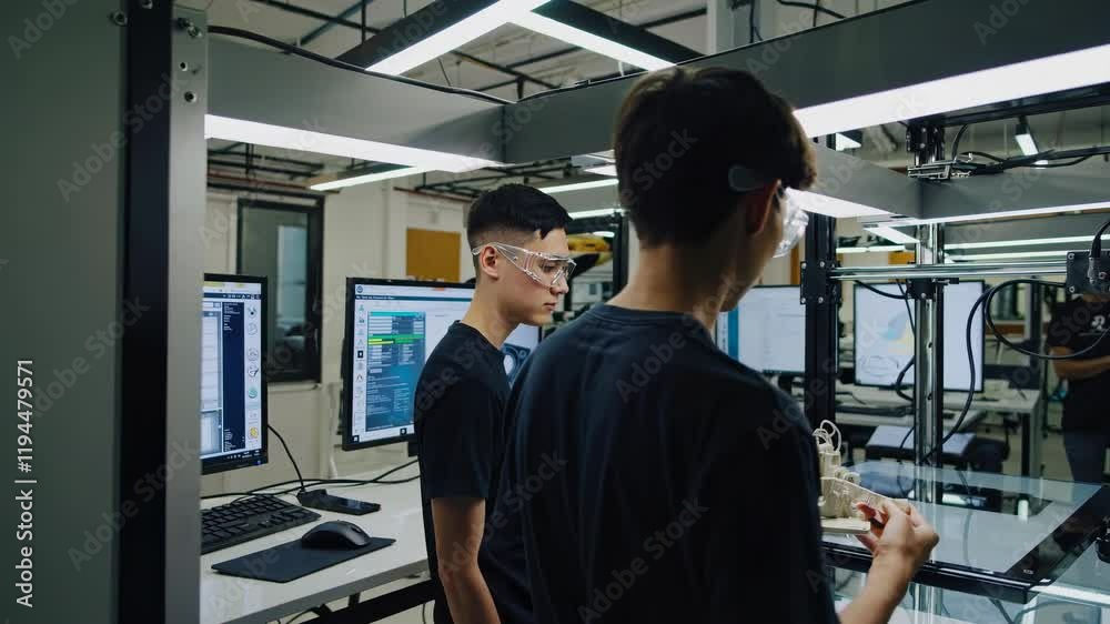 Students collaborate in a technology lab on a 3D printing project showcasing engineering innovation