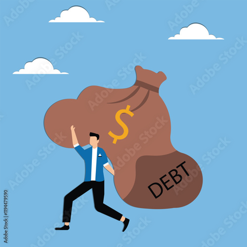 Debt burden, overloaded debt stress or financial problems, businessmen walking slowly with huge bags of debt money on their shoulders