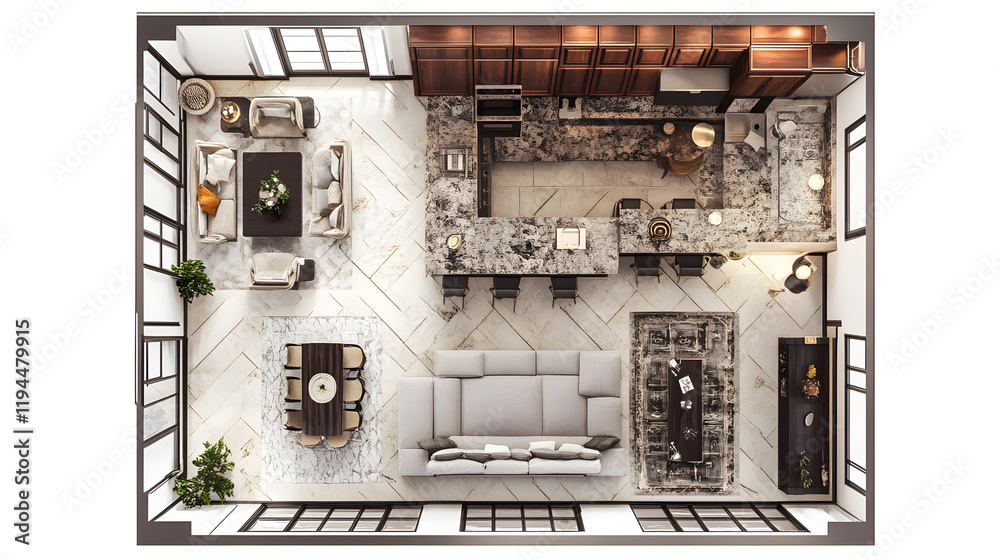 Top-down view of a loft apartment layout with modern furnishings. Top-down view of a loft apartment layout with modern furnishings.