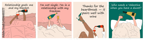 Set of Valentine's day cards. Hands pouring Champagne and wine into a glass in bed.Morning celebration. Sarcastic captions