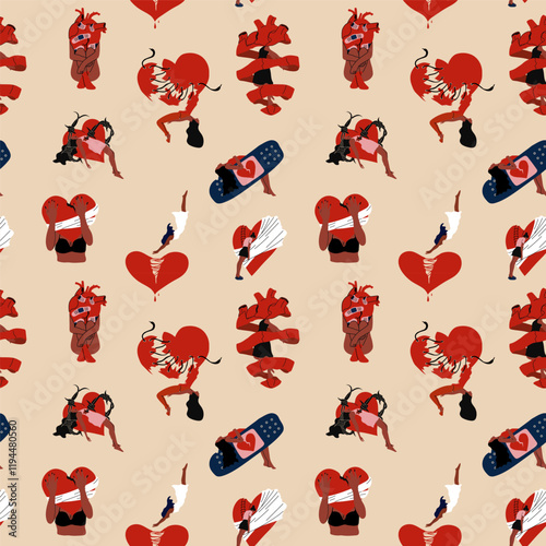 Seamless pattern with girls with a broken heart. Anti Valentine's day concept.