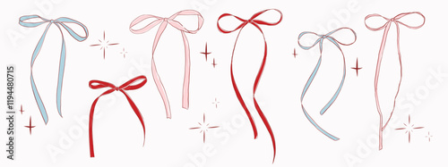 Hand-drawn colorful bows assortment in red, pink, and blue tones featuring flowing ribbons and intricate decorative details. Designed for elegant festive and creative purposes