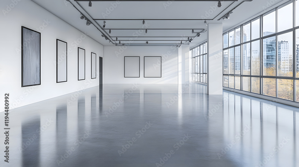 Minimalist gallery space with large windows and bright lighting. Minimalist gallery space with large windows and bright lighting.
