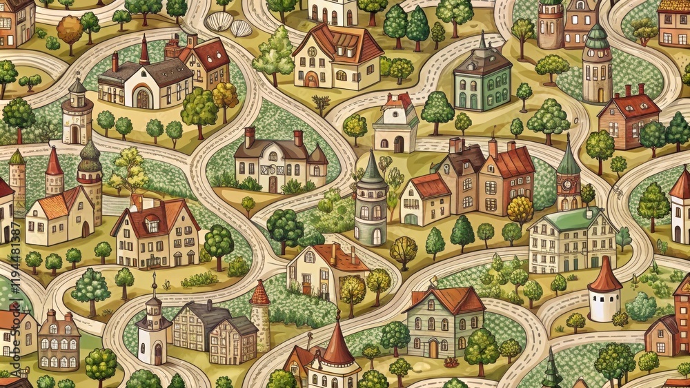 Fototapeta premium A whimsical cityscape with winding roads, charming houses, and lush greenery, creating a magical and intricate environment.