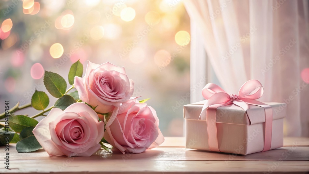 A bouquet of pink roses with a delicate ribbon tied around a gift box on a wooden table with a soft light background. A bouquet of pink roses with a delicate ribbon tied around a gift box on a wooden table with a soft light background.