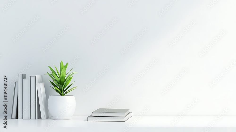 A white shelf with a potted plant and a stack of books A white shelf with a potted plant and a stack of books