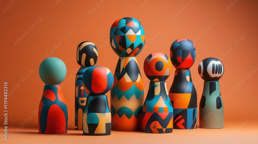 Obraz premium A limited-edition designer art toy with geometric shapes, abstract patterns, and a matte texture, displayed under soft lighting. 