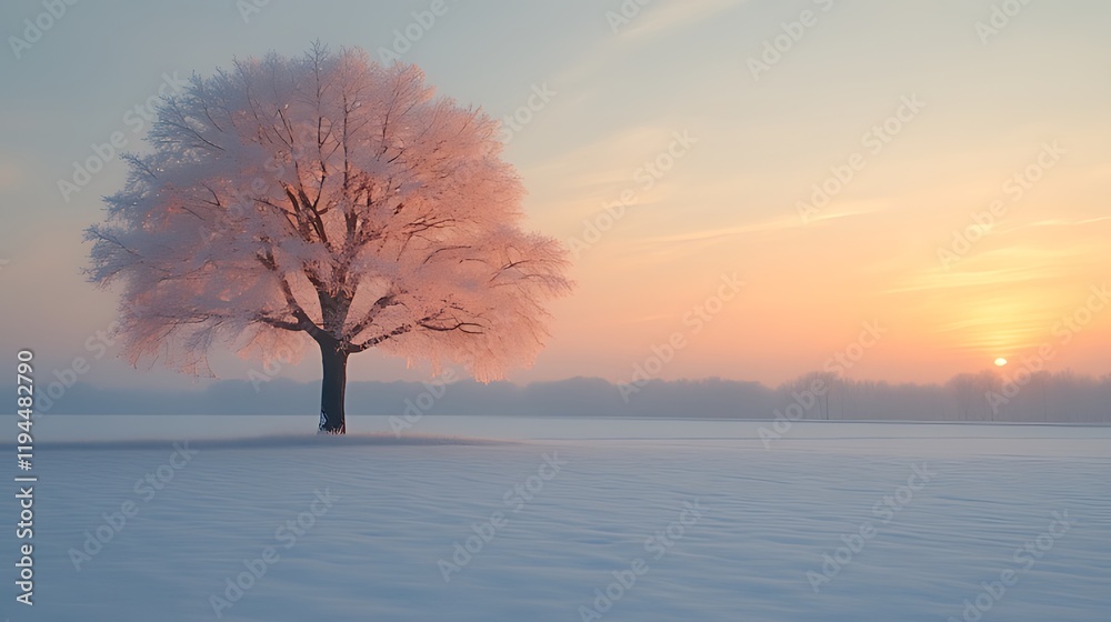 Frosty tree sunrise winter field landscape, calm Frosty tree sunrise winter field landscape, calm