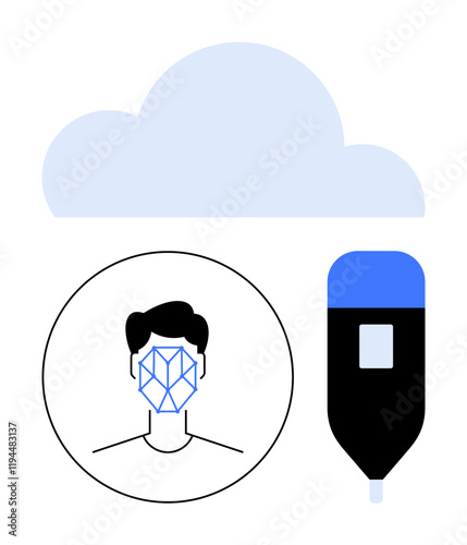 Biometrics face recognition within circle, cloud icon above, and smart device on the side. Ideal for AI, data security, cloud storage, identity verification, IoT, innovation abstract line flat