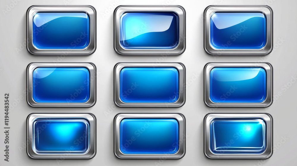 Blue buttons with silver decorative frames for rpg game interface. Vector cartoon set of square award badges, glossy achievement labels with fantasy metal borders isolated on background Blue buttons with silver decorative frames for rpg game interface. Vector cartoon set of square award badges, glossy achievement labels with fantasy metal borders isolated on background