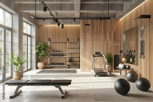 modern conceptual Luxury Minimalist Scandinavian-inspired stylish Gym with clean lines and light colors contemporary bright stylish interior . 3D rendering