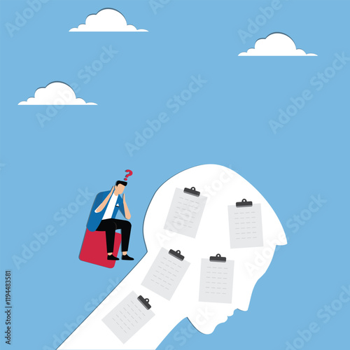 Work stress, multiple work task sticky notes, overloaded work, businessmen feel distressed and stressed about the excessive work task sticky notes stuck on the brain