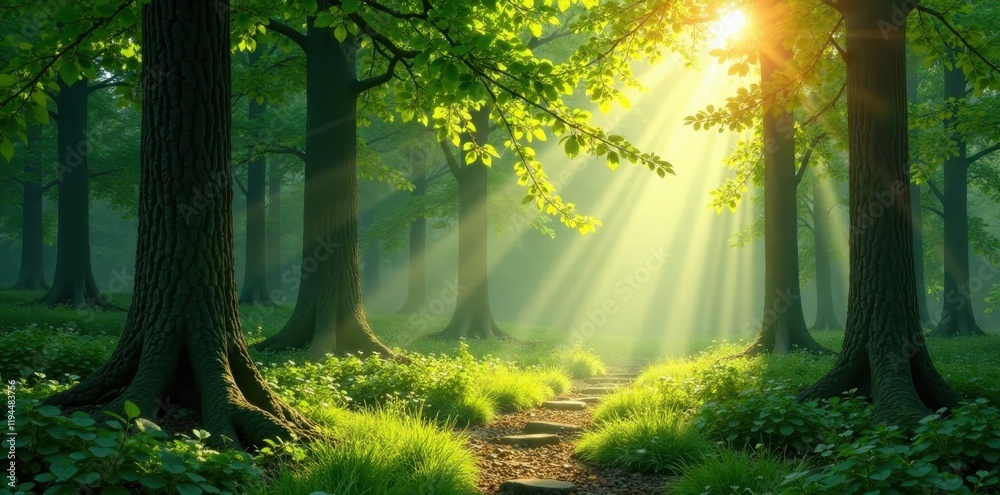 Obraz premium Sunbeams pierce tranquil spring forest, vibrant green canopy , woodland, quiet, woods