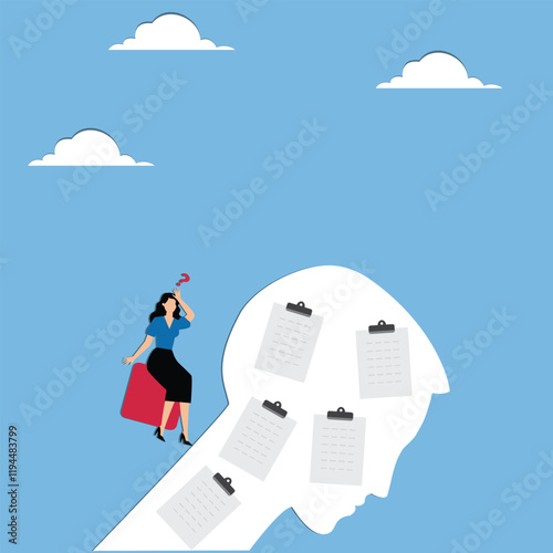 Work stress, multiple work task sticky notes, overloaded work, businesswomen feel distressed and stressed about the excessive work task sticky notes stuck on the brain