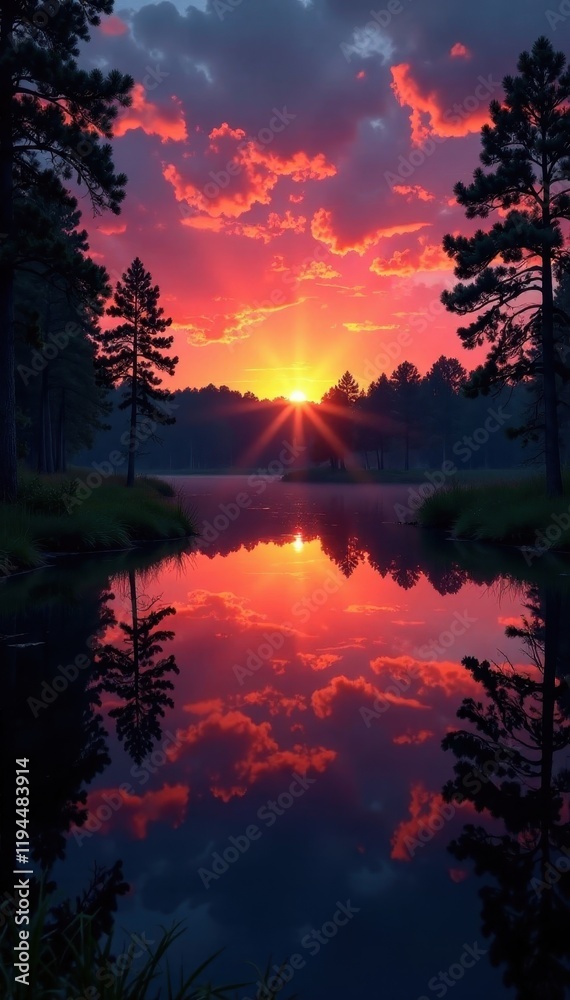 Obraz premium Serene twilight sunset reflects on still Estonian swamp lake , swamp, wetland, golden hour