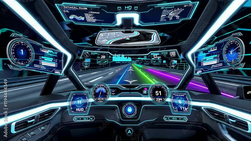 Inside a futuristic car with advanced dashboard display and vibrant city lights at night. VFX, HUD, UI, GUI Inside a futuristic car with advanced dashboard display and vibrant city lights at night. VFX, HUD, UI, GUI