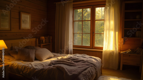 Elegant Bedroom with Classic Wooden Window View photo