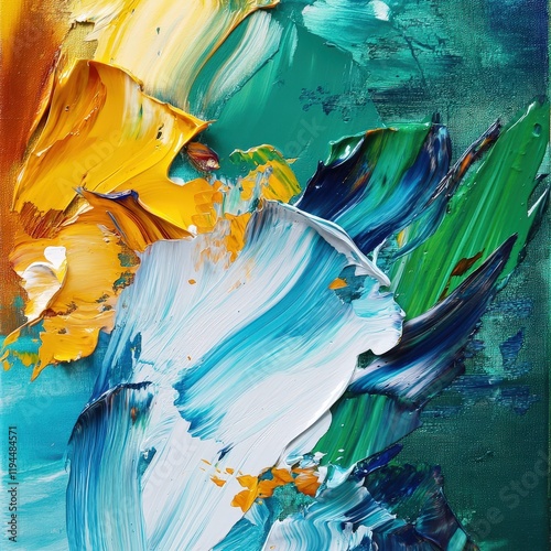 Abstract painting with vibrant blue, green, yellow and white brushstrokes. Impasto style, dynamic and energetic. photo