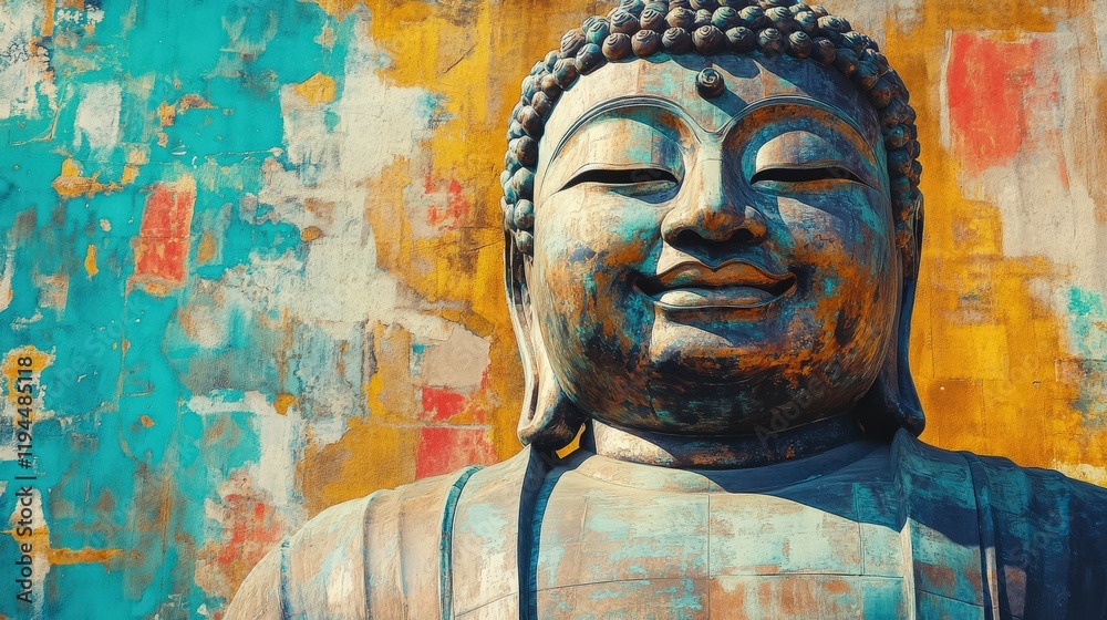 Close up of a large bronze Buddha statue against a colorful abstract background. Close up of a large bronze Buddha statue against a colorful abstract background.