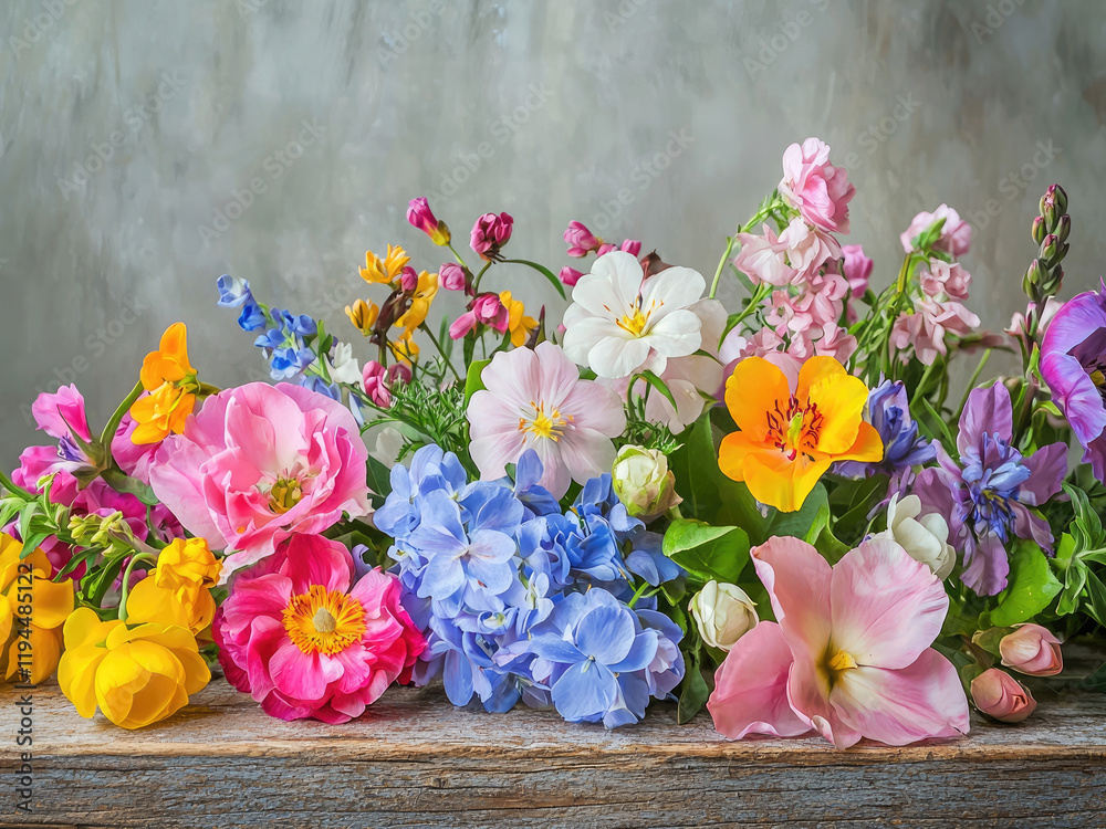 Obraz premium Floral Symphony on Rustic Wood: A vibrant arrangement of fresh flowers, tulips, roses, and daisies in soft pastels hues, exudes a delicate charm against a weathered wooden backdrop. 