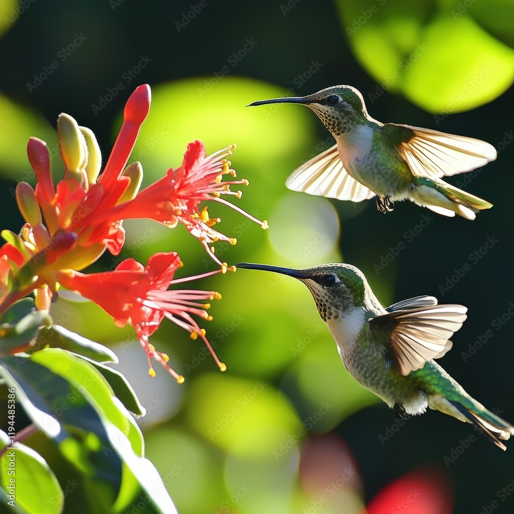 Two hummingbirds in flight, feeding on bright red flowers. A vibrant nature scene. Two hummingbirds in flight, feeding on bright red flowers. A vibrant nature scene.
