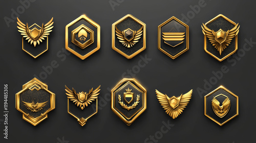 Gold game badge rank medal ui icon vector set. Isolated level trophy cartoon insignia military achievement award. Hexagon label with wings button design for 1st winner prize interface collection.