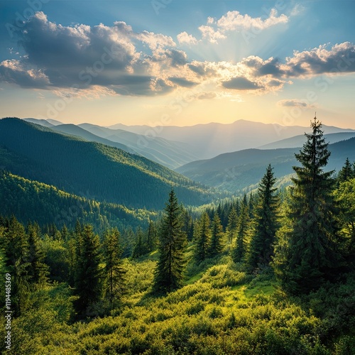 Breathtaking summer day in wild mountains with coniferous forest and green slopes. Location place Carpathian mountains, Ukraine, Europe. Sunshine vibe. Photo wallpaper. Discovery the beauty of earth.