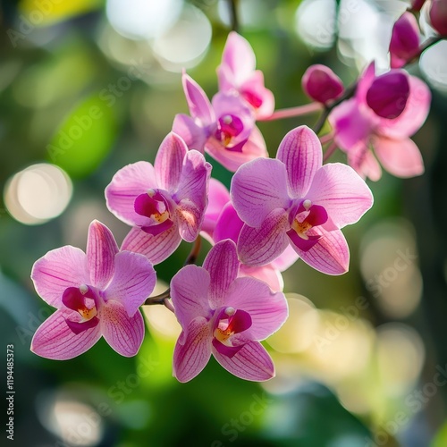 Closeup of pink orchids in bloom outdoors on a sunny day. photo