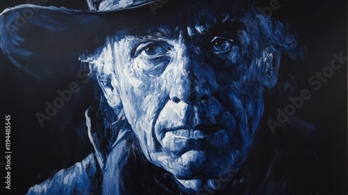 Close-up portrait painting of an older Caucasian man wearing a hat, rendered in shades of blue. photo