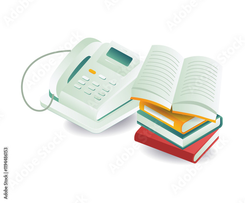 Stack of books with landline telephone