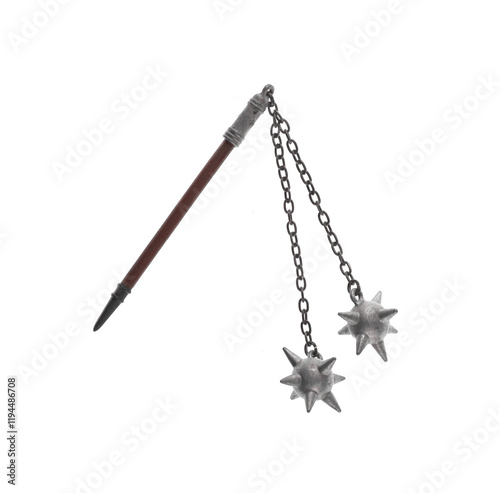 Fotografi medieval weapon with spikes on chain isolated on white background
