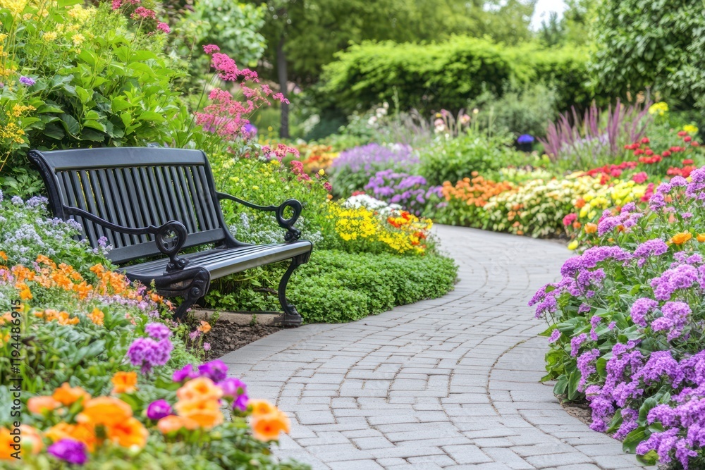 Serene Garden Bench Path: A Vivid Display of Blossoms Serene Garden Bench Path: A Vivid Display of Blossoms
