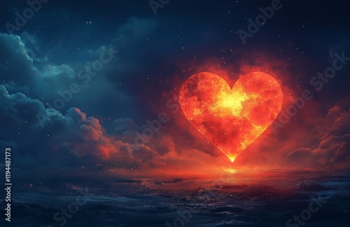 A glowing red heart with sparkles, floating in a starry night, surrounded by warm light. photo