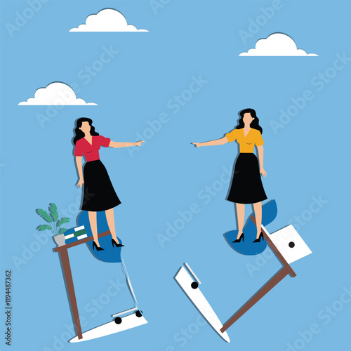 Anger, arguments, quarrels, broken negotiations, office politics, communication problems, two businesswomen arguing and blaming each other at a broken desk