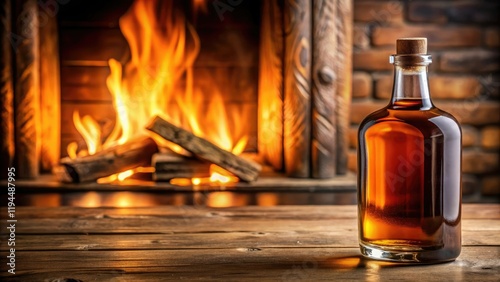 A bottle of amber liquid with a foamy head, sitting on a wooden table in front of a fireplace, whiskey, table, warmth