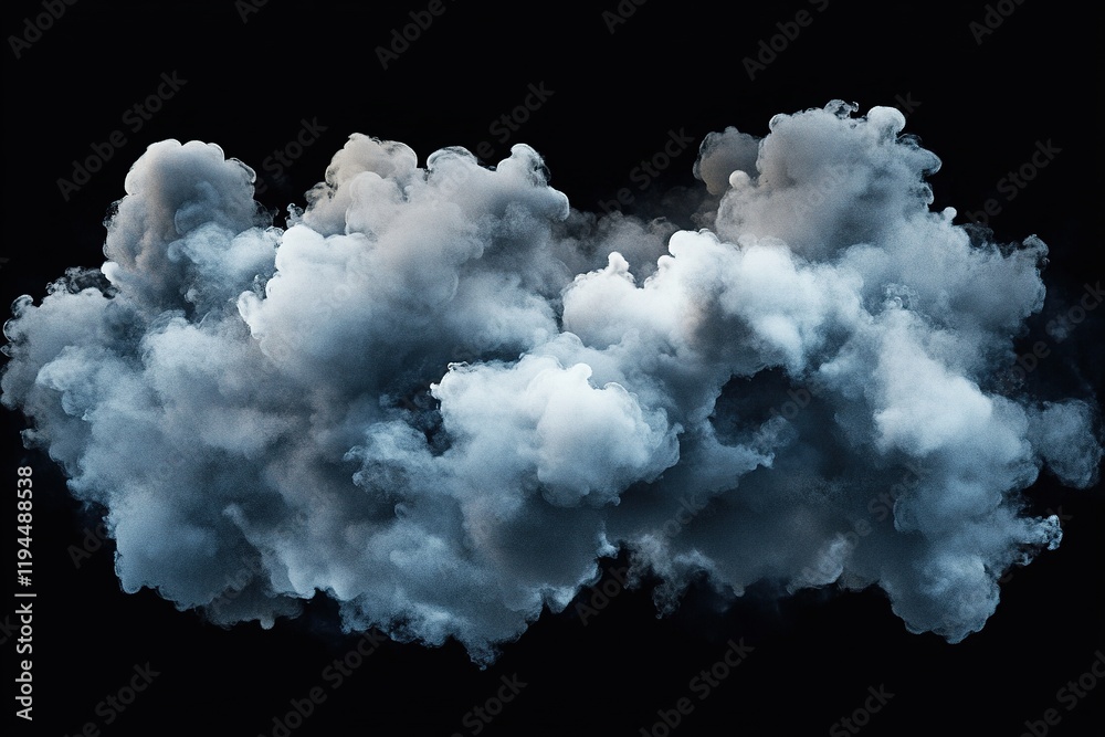 cloud as scattered, single, threatening thunderstorm, on black background.