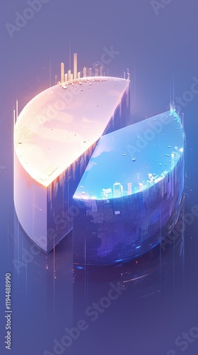 3D pie chart split showing land and water, cityscapes.