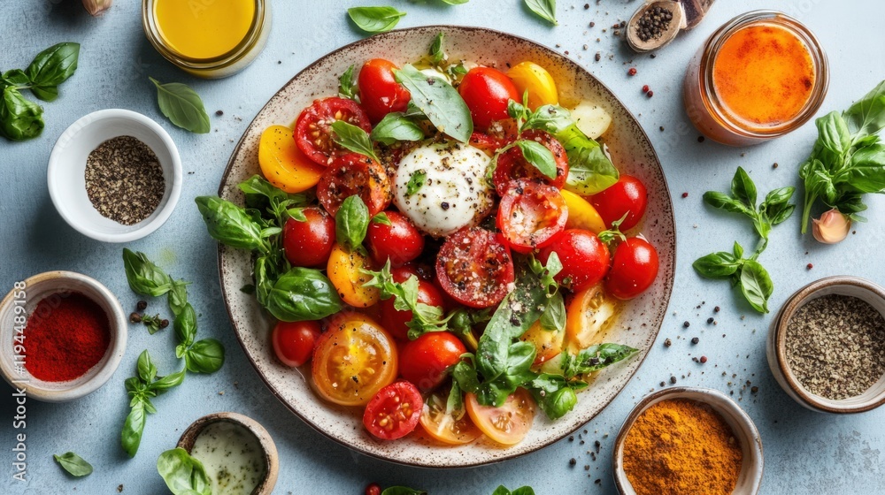 Fresh Tomato Salad with Mozzarella and Basil, Perfect for Healthy Meals and Dieting Fresh Tomato Salad with Mozzarella and Basil, Perfect for Healthy Meals and Dieting