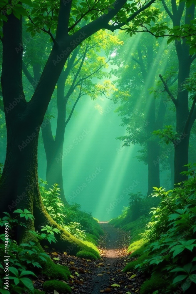 Obraz premium Dense emerald canopy, steamy air, August humidity, ferns, biodiversity, lianas