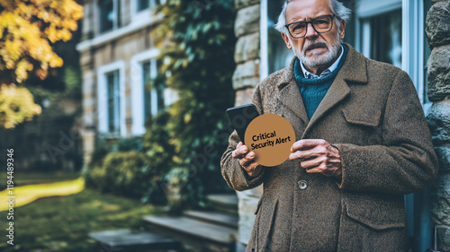 Worried Senior Holding Missing Person Poster: A concerned senior man with a worried expression holds a 