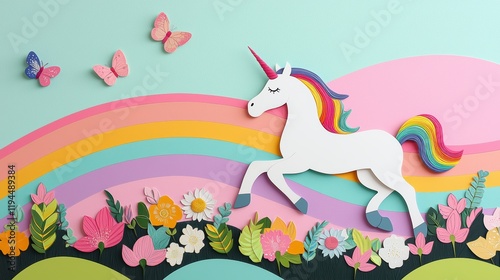 A unicorn with a multi colored mane and tail, running alongside a rainbow that stretches across a lush green meadow, with butterflies fluttering around it, creating a joyous and whimsical scene.