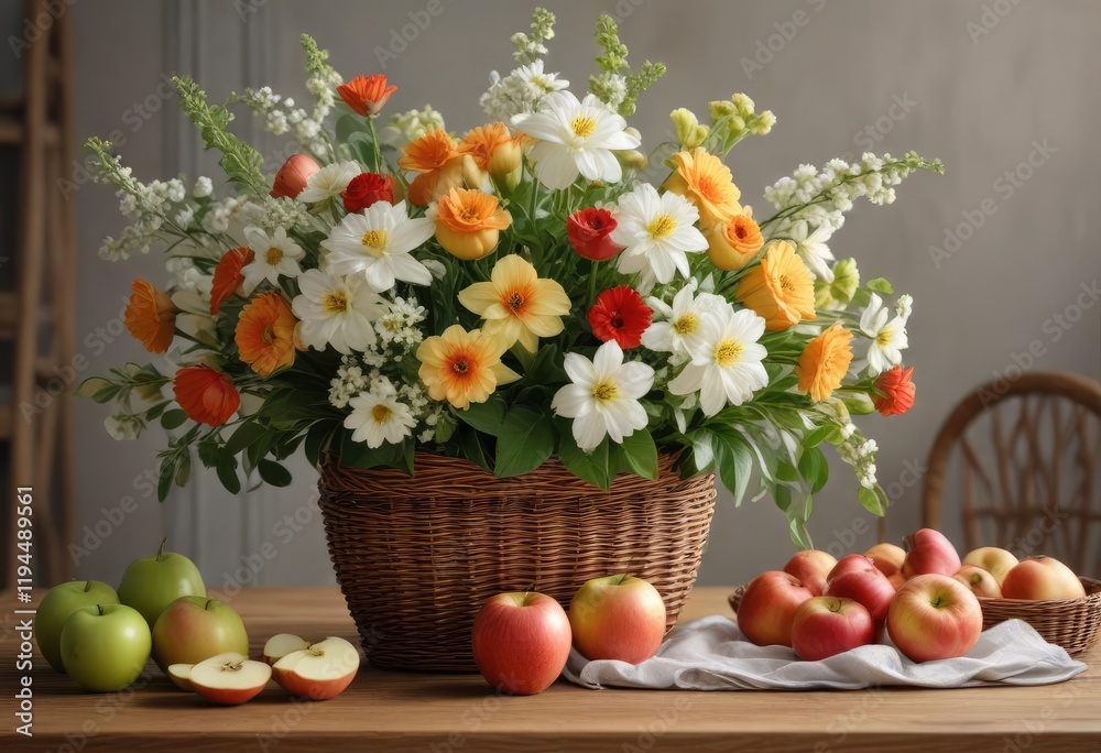 custom made wallpaper toronto digitalA delicate porcelain vase holds an assortment of fresh flowers and sliced apples in a elegant wooden wicker basket , apples, decorative, fruit and flower