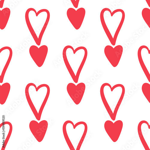 Seamless pattern with vertical red hearts on white background