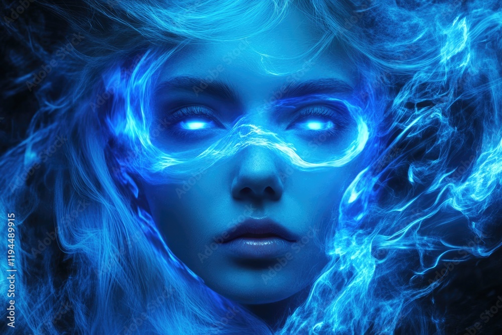 Fototapeta premium Mysterious figure with glowing blue aura, captivating eyes and e